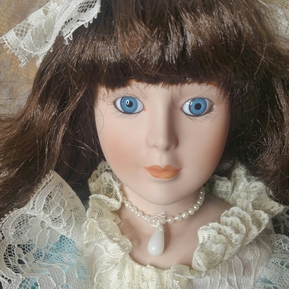 Porcelain Brunette Victorian Doll with Stand - Picture 4 of 11